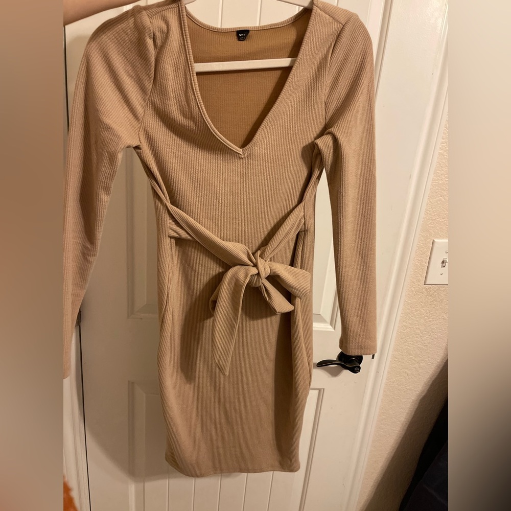 Tan midi dress.
